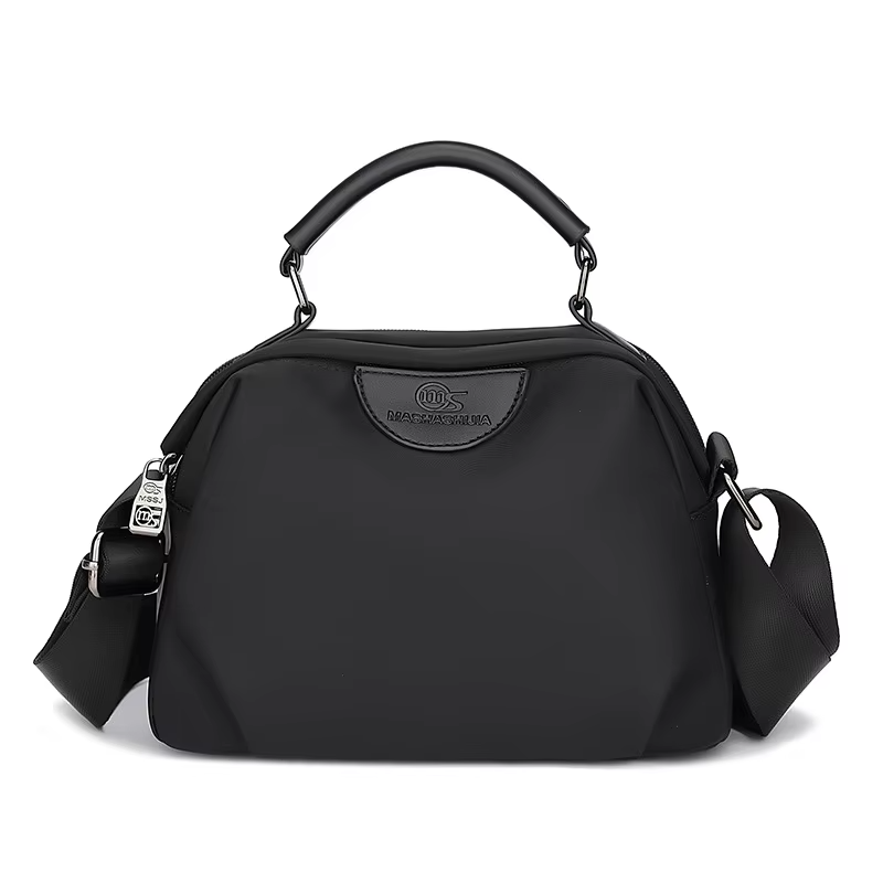 New Portable Nylon Cloth with Cowhide Shoulder Bag(Black)